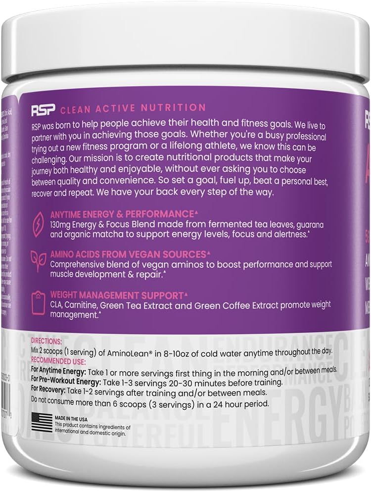 AminoLean Natural Pre Workout Powder & Amino Energy with Vegan BCAA + EAA | Jitter-Free Preworkout Energy from Green Tea + Amino Acids & Weight Management for Women & Men - Naturally Sweetened, Vegan
