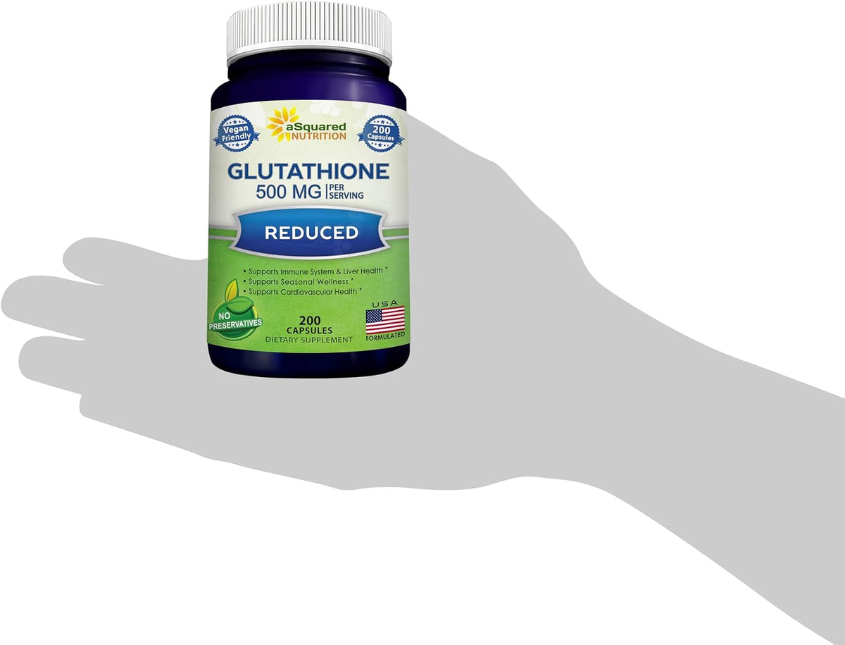 aSquared Nutrition Reduced Glutathione 500mg Per Serving Supplement -200 Capsules -L-Glutathione Antioxidant to Support Liver Health & Detox - Max Strength Powder Pills to Help Immune & Brain Function