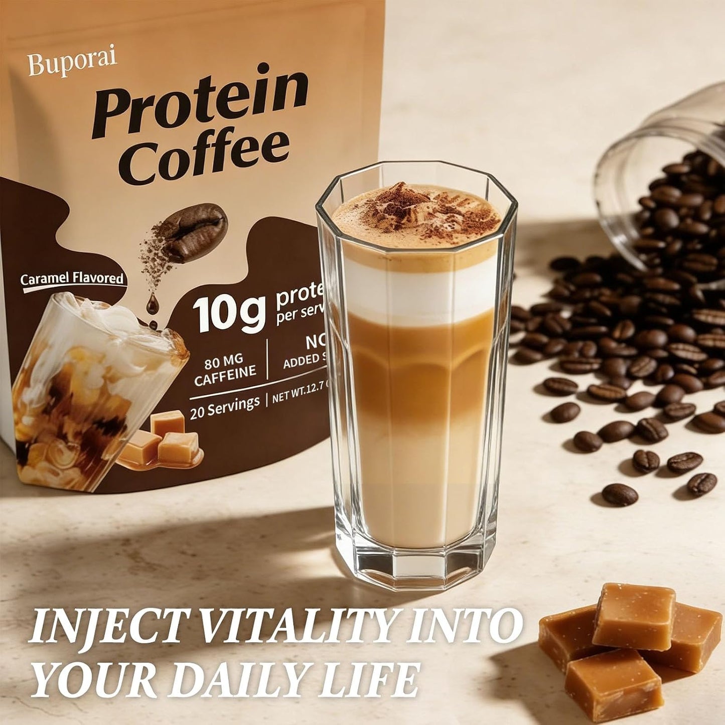 Caramel Protein Coffee Powder - Instant Iced Coffee, Sugar Free, Keto Friendly, 10 g Protein, 80 mg Caffeine Per Serving - 20 Servings