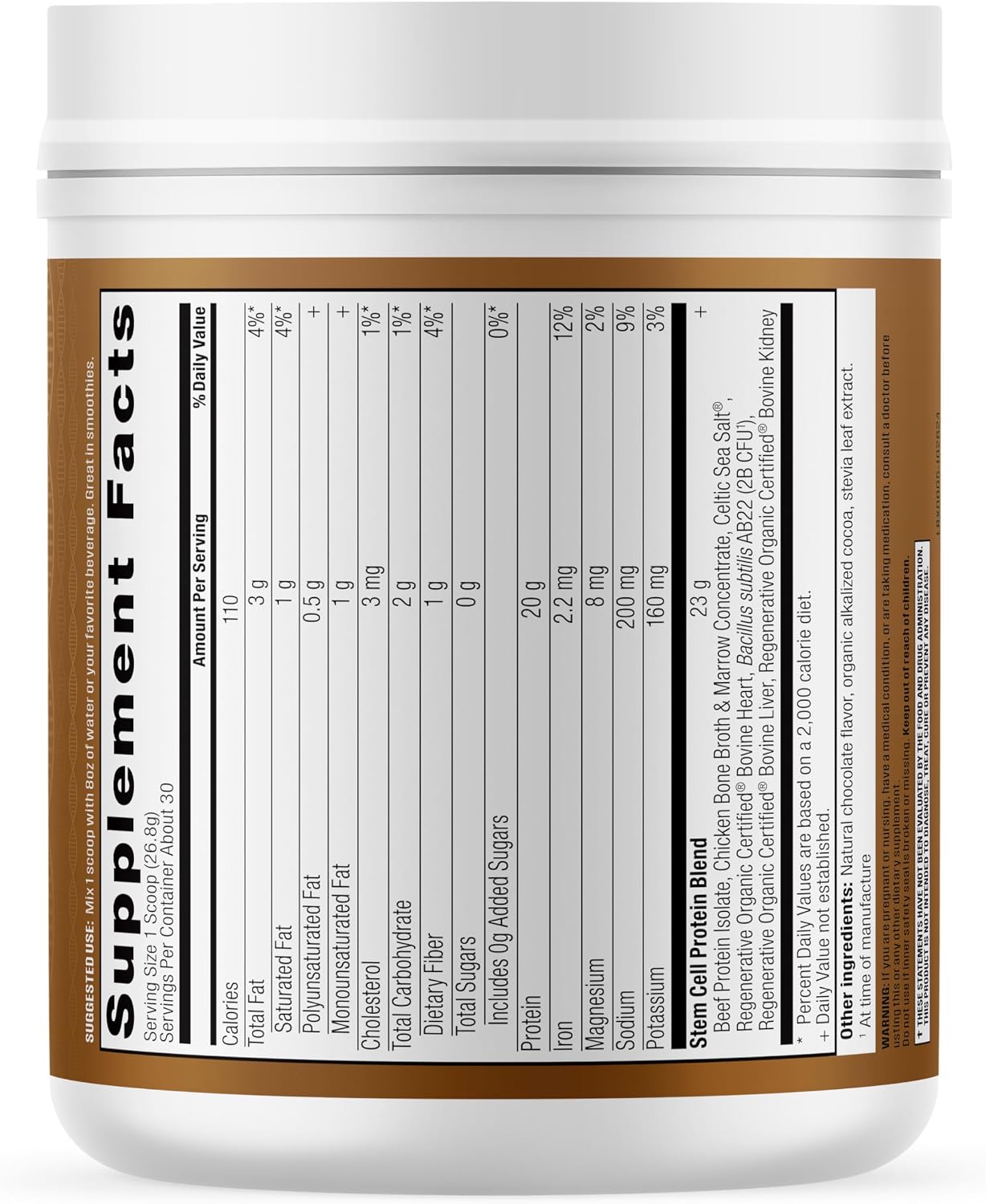 Stem Cell Protein Powder Chocolate – Bone Marrow & Bone Broth Protein, Bacillus Subtilis AB-22, Natural Peptides – Cellular Recovery – 30 Servings