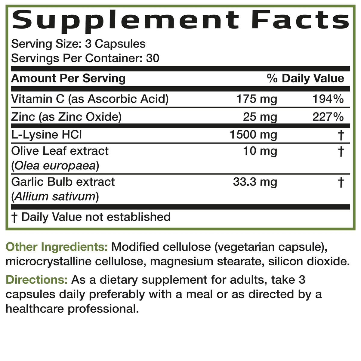 Bronson L-Lysine Defense Immune Support Complex 1500 MG L-Lysine Plus Olive Leaf, Garlic, Vitamin C and Zinc - Non-GMO, 90 Vegetarian Capsules