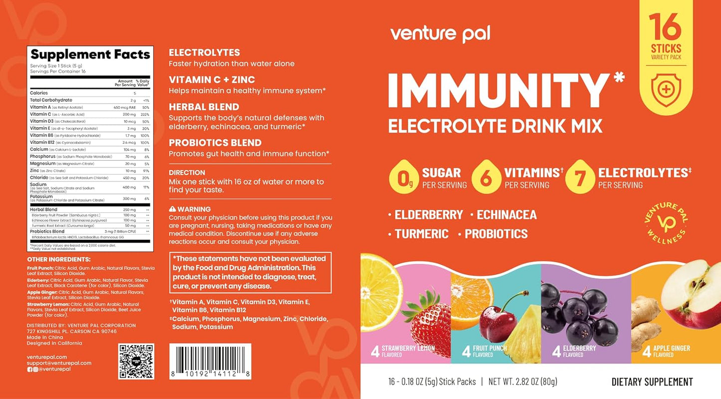 Venture Pal Sugar Free Hydration Packets+Immune-Liquid Daily IV Drink Mix | Electrolyte Powder with 7 Electrolytes & 6 Vitamins, Probiotics + Elderberry | Non-GMO, Keto Friendly, Vegan | 16 Sticks