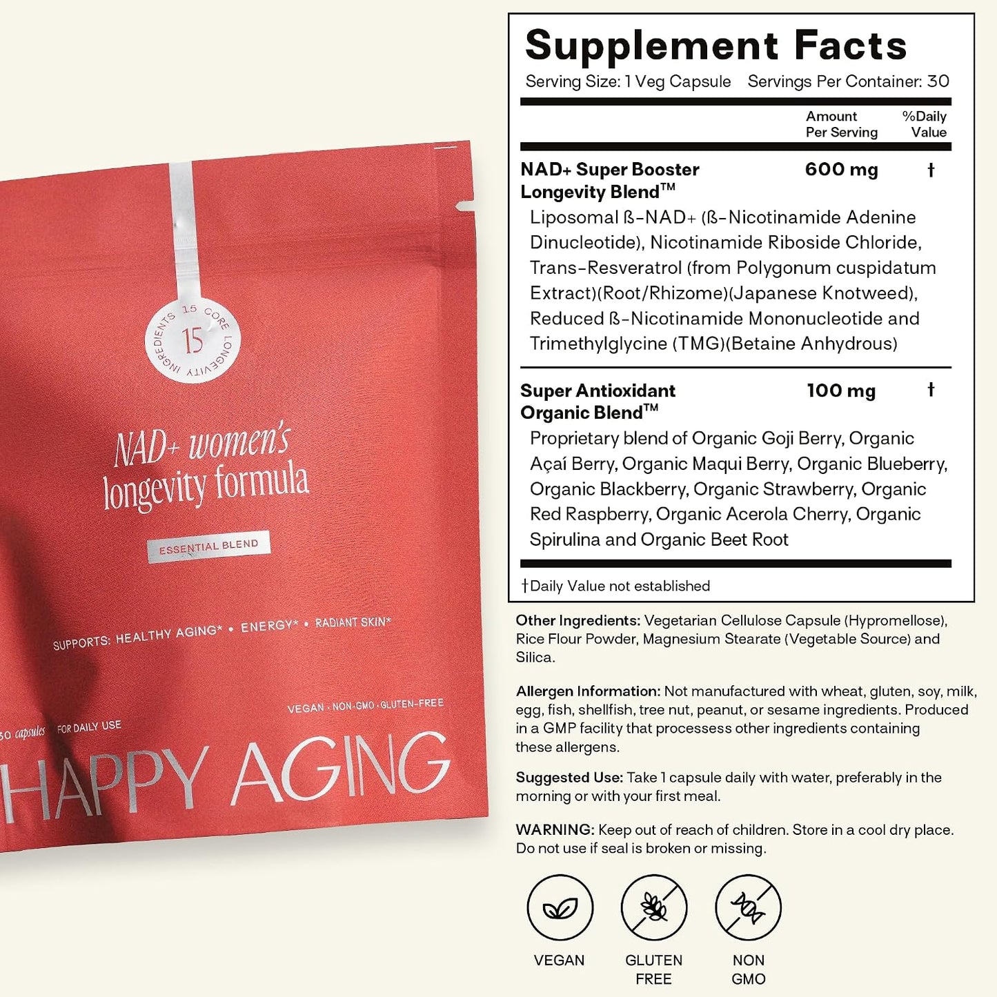 Happy Aging Essential Longevity Formula, NAD+ Super Booster with NR, NMNH & Liposomal β-NAD+, Organic Antioxidant Superfruit Blend for Cellular Energy, Skin Hydration & Daily Vitality, 30 Capsules - PrimeBioHealth - canada supplements