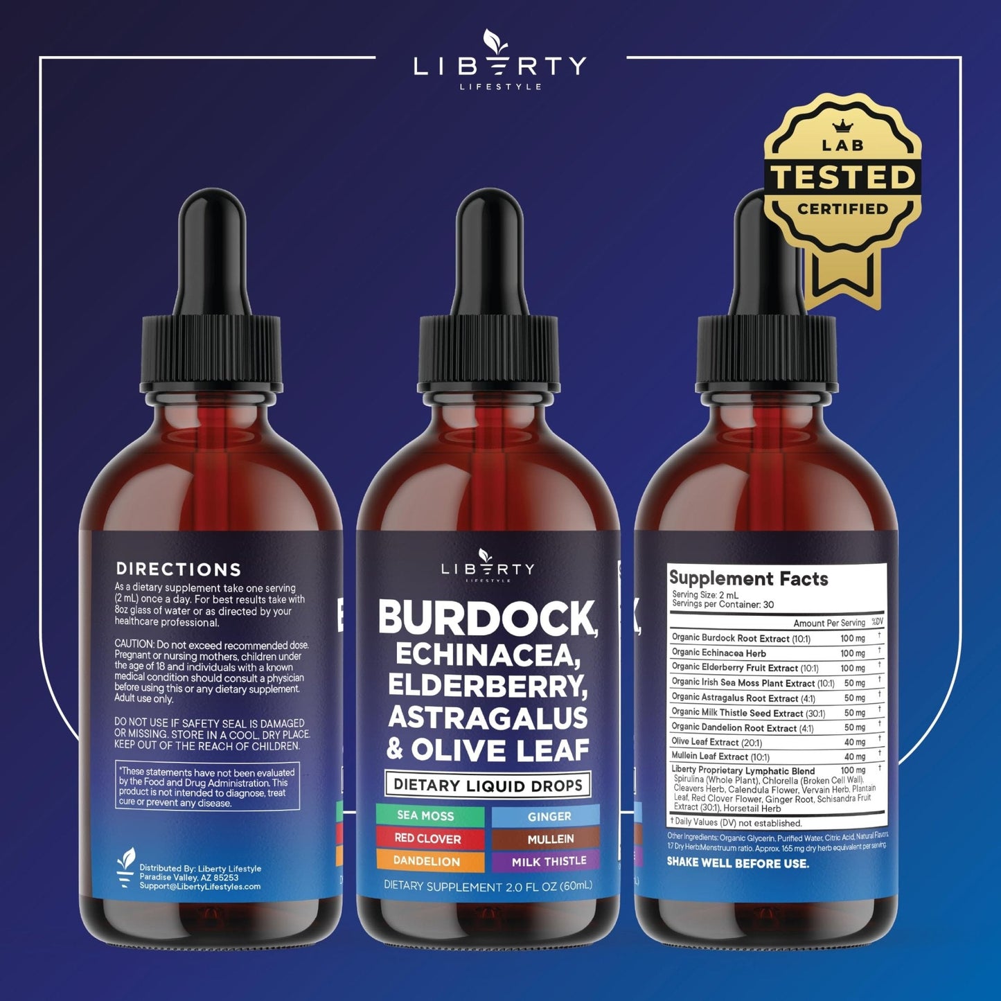 Liberty Lifestyle Lymphatic Drainage Supplement - Burdock Lymphatic Support Drops - Burdock Root, Mullein, Echinacea, Elderberry, Dandelion, Astragalus, Milk Thistle, Red Clover - 2 oz - PrimeBioHealth - canada supplements