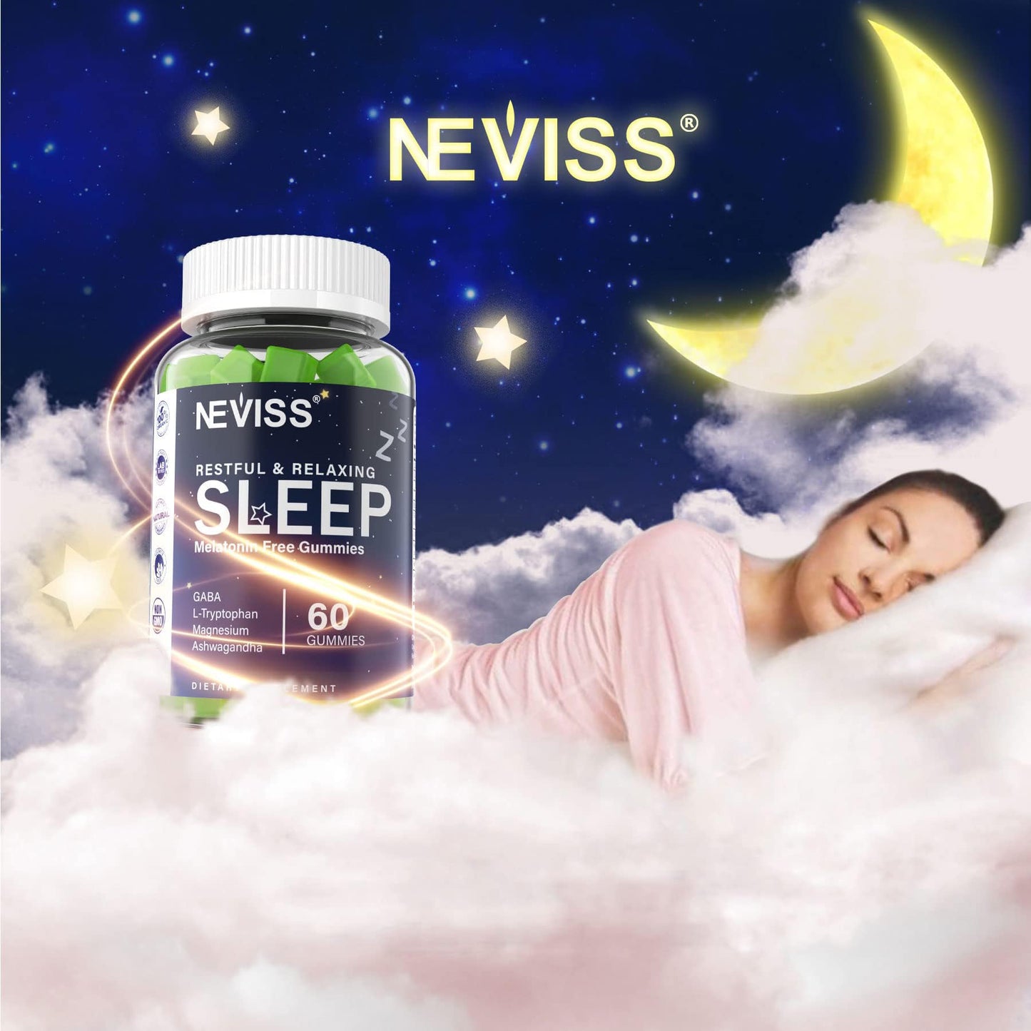 NEVISS Melatonin Free Sleep Aid Gummies for Adults - Magnesium Glycinate Gummies | GABA, L-Tryptophan, Magnesium, Ashwagandha - Non-Habit Forming, Help for Deep Relaxation - Vegan, Lemon Flavor, 2Pack - PrimeBioHealth - canada supplements