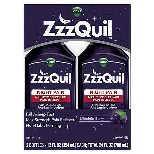 ZzzQuil Liquid, Max Strength Pain Reliever, Nighttime Sleep Aid Liquid, Acetaminophen 1000mg, Diphenhydramine 50mg HCI, Non-Habit Forming, Midnight Berry Flavored, 2 Pack, 24 FL OZ ZzzQuilBuy Supplements Australia
