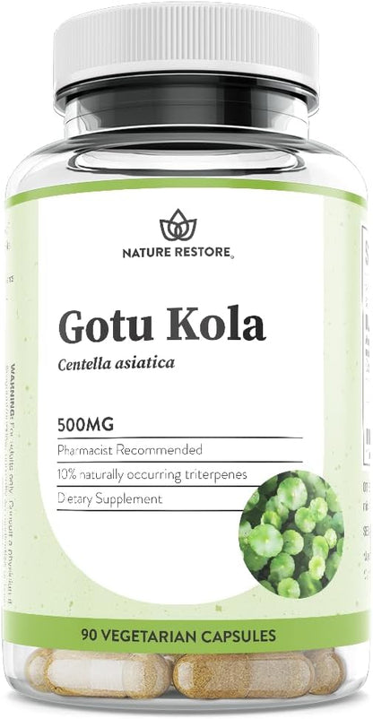 Nature Restore Gotu Kola Extract Supplement. Standardized to 10% Triterpenes - Maximum Potency 500mg Adaptogen for Brain Focus, Memory, Healthy Leg Circulation & Skin Elasticity - 90 Vegan Capsules