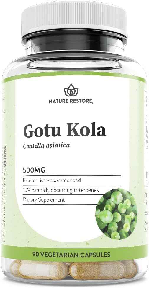 Nature Restore Gotu Kola Extract Supplement. Standardized to 10% Triterpenes - Maximum Potency 500mg Adaptogen for Brain Focus, Memory, Healthy Leg Circulation & Skin Elasticity - 90 Vegan Capsules