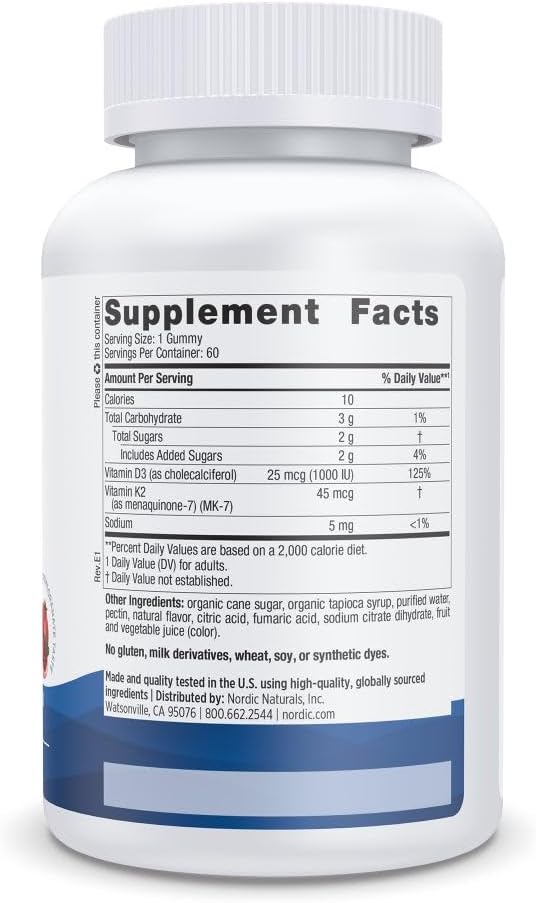 Nordic Naturals Vitamin D3+K2 Gummies, Pomegranate - 60 Count | 1000 IU Vitamin D3 + 45 mcg K2 per gummy supports bone health and muscle function. Non-GMO. Pomegranate flavor. 60 servings