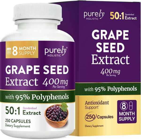 Grape Seed Extract Capsules, 8 Month Supply, 50:1 Concentrated Grape Seeds | 95% Proanthocyanidins for Antioxidant Support, Grapeseed Extract Supplement, Vegan, Gluten-Free and Non-GMO, 250 Capsules