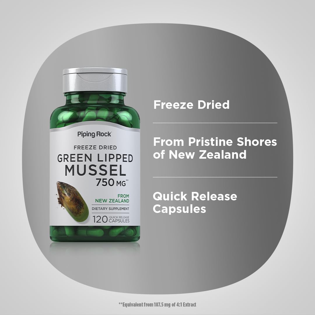 Piping Rock Green Lipped Mussel | 120 Capsules | Supplement for Humans | Freeze Dried from New Zealand | Non-GMO, Gluten Free