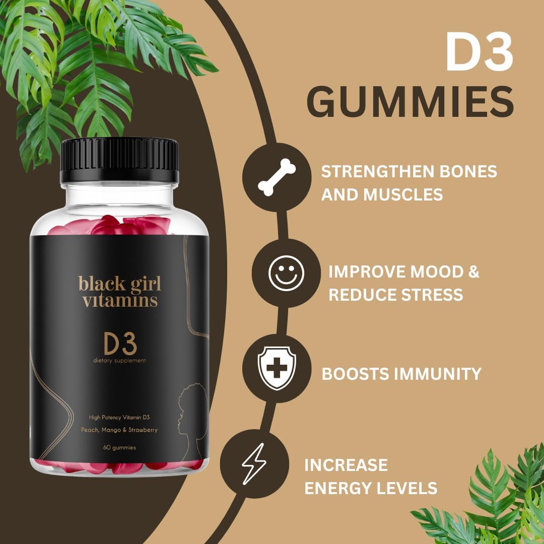 Black Girl Vitamins - Vitamin D3 Gummies, for Immune, Energy, and Bone Support, 2000IU (50mcg) Vitamin D per Serving, Gluten-Free Vitamin D Gummies