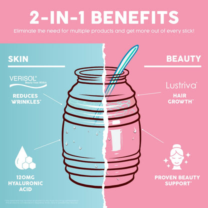 Salud 2-in-1 Skin + Beauty Drink Mix, Strawberry Kiwi | Collagen Peptides with Verisol, Hyaluronic Acid, Vitamin C, Biotin + Lustriva, Hydration Sticks, Gluten Free (15 Servings)