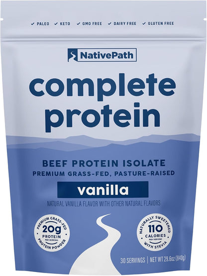 NativePath Complete Protein, 20g Grass-Fed Beef, Vanilla, 30 Servings | Dairy-Free, Whey-Free Isolate, Essential Aminos Plus MCTs, Lactose-Free & Easy To Digest, Keto, No Sugar