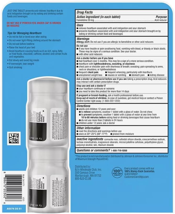 berkley jensen Maximum Strength Famotidine 20 mg, Acid Reducer Tablets, Relieves Meal-Induced Heartburn & Acid Indigestion Symptoms, All-Day Heartburn Prevention & Relief, 125 Count (Pack of 2)