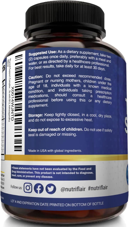 NutriFlair Thyroid Support Complex, 120 Capsules - with Iodine, Black Pepper, Ashwagandha, Vitamin B12 - Thyroid Supplement for Women and Men