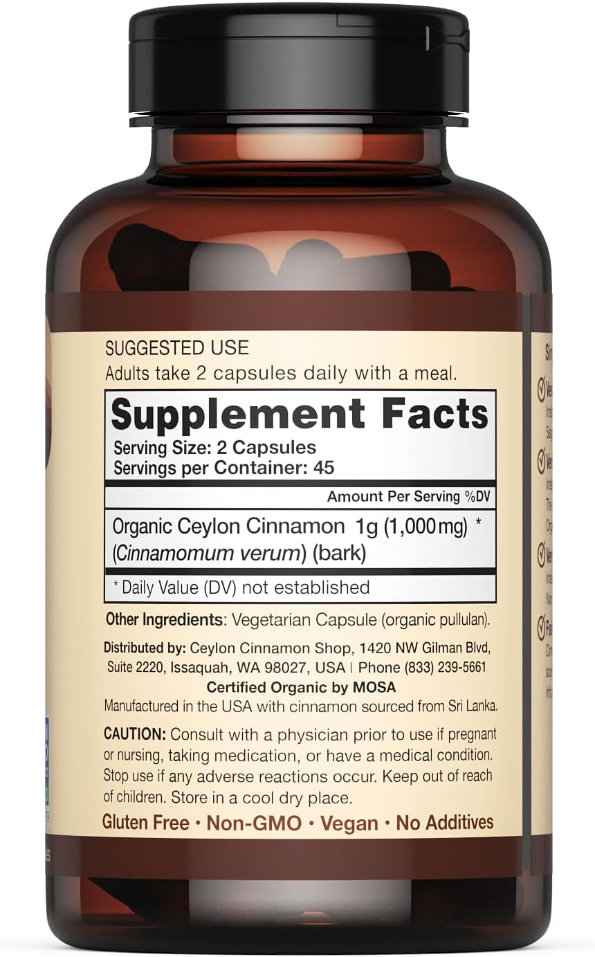 Organic Ceylon Cinnamon Capsules, USDA Certified Supplement - 90 Count | Premium Grade, True Sri Lankan Variety, Cinnamomum Verum, All-Natural, Non-GMO, Gluten Free, Made in the USA (GMP)