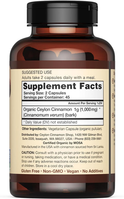 Organic Ceylon Cinnamon Capsules, USDA Certified Supplement - 90 Count | Premium Grade, True Sri Lankan Variety, Cinnamomum Verum, All-Natural, Non-GMO, Gluten Free, Made in the USA (GMP)