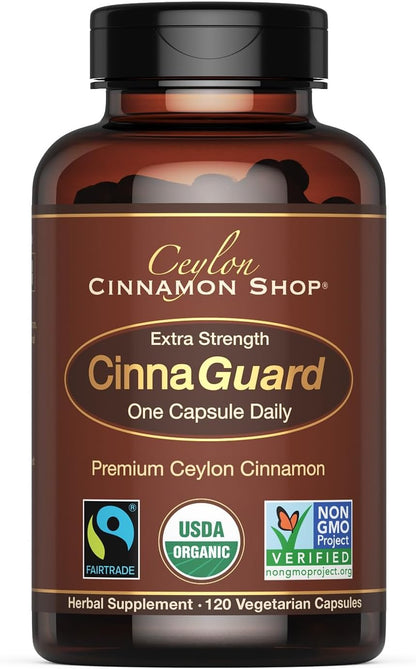 CinnaGuard™ Organic Ceylon Cinnamon Capsules, Extra Strength – 120 Count | USDA Certified Supplement, Premium Grade Clean Extract, Non-GMO, Gluten Free, 4 Month Supply, Made in the USA (GMP)