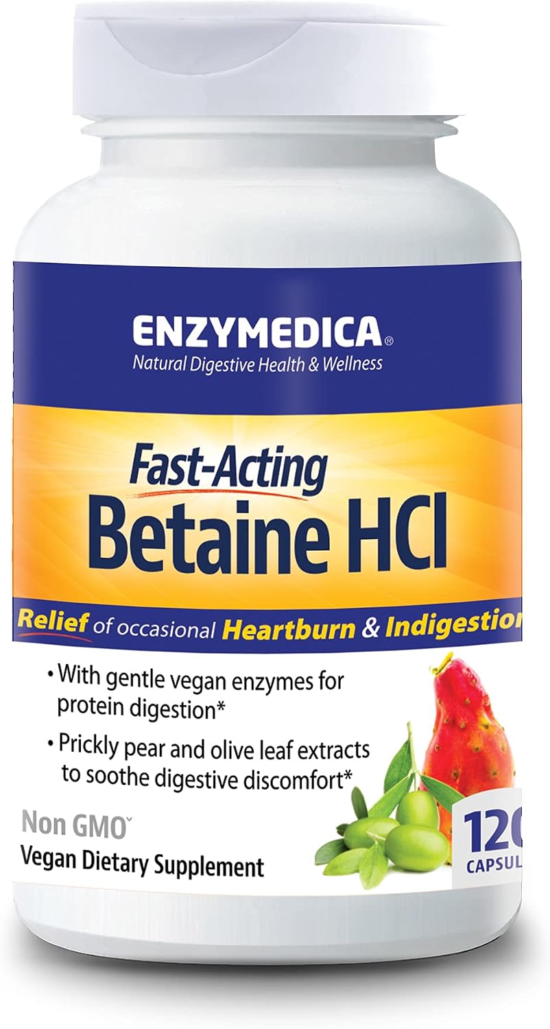 Enzymedica Betaine HCl for Men & Women - Betaine Hydrochloric Acid Supplement, Protease Digestive Enzyme Blend, Digestive Health Support, Occasional Heartburn & Indigestion Support, Vegan - 120 Caps