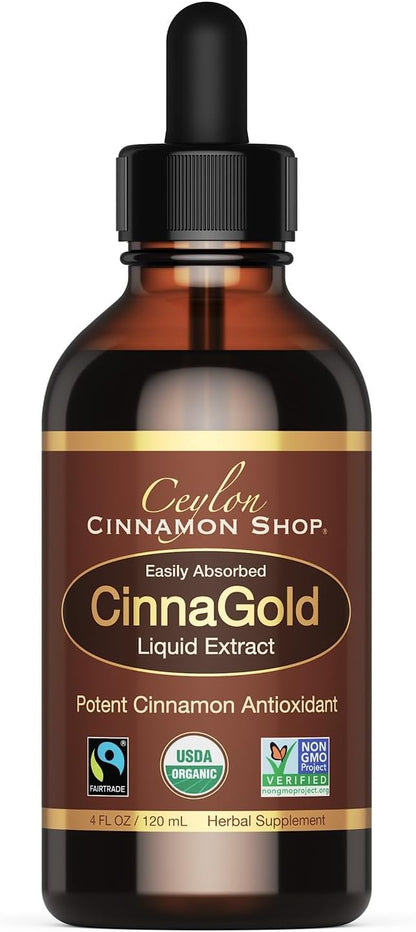 CinnaGold™ Organic Ceylon Cinnamon Liquid Extract Supplement - 4 oz | Superior Absorption & Bioavailability, USDA Certified Tincture, Non-GMO, Gluten Free, Sugar Free, Made in the USA (GMP)