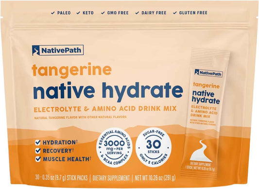 NativePath Hydrate Electrolyte Stick Packs, Tangerine, 30 Count | Single-Serve Sticks, 14 Vitamins & Minerals, 9 Aminos & 2000mg BCAAs, Zero Sugar, Hydration, Keto