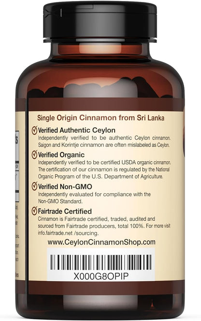 Organic Ceylon Cinnamon Capsules, USDA Certified Supplement - 90 Count | Premium Grade, True Sri Lankan Variety, Cinnamomum Verum, All-Natural, Non-GMO, Gluten Free, Made in the USA (GMP)
