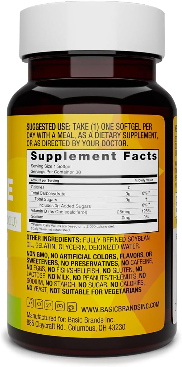 Basic Brands Happy Sunshine Vitamin D3 2000IU, 30 Count | Vitamin D3 (Cholecalciferol, 2000 IU / 50mcg), Daily softgel Supplement