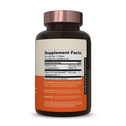 Live Conscious Vitamin K2 MK7 with D3 Supplement | Bone & Heart Health Support - Patented Vitamin K & Vitamin D3 5000 IU - 60 Softgels