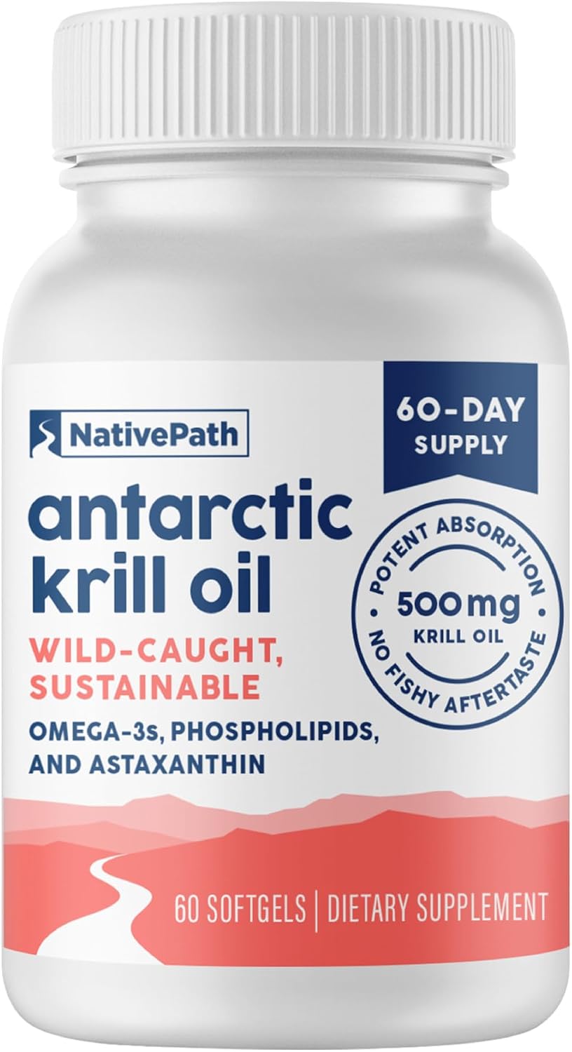 NativePath Antarctic Krill Oil 500mg, Omega-3, 60 Softgels | Wild-Caught, Astaxanthin, EPA & DHA Phospholipid-Bound, Supports Circulatory, Brain & Joint Health