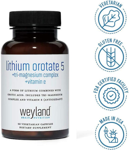 Lithium Orotate 5mg + Tri-Magnesium Threonate, Taurinate, Malate + Glycine + Vitamin E, 60 Vegetarian Capsules