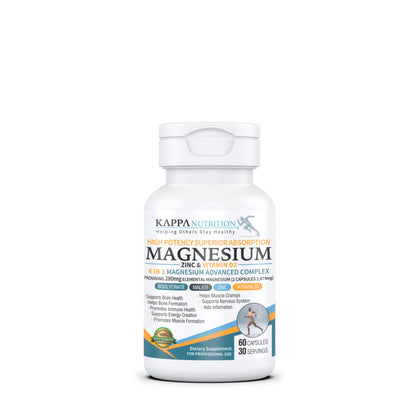 Kappa Nutrition Magnesium 4-in-1, 280mg Elemental Magnesium (Bisglycinate, Malate) + Zinc & Vitamin D3, Brain, Sleep, Energy, Muscle, Immune Support, 120 Vegan Capsules.