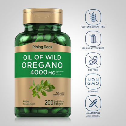 Piping Rock Oregano Oil Softgel Capsules | 200 Pills | Herbal Extract Supplement | Wild Harvested | Non-GMO, Gluten Free