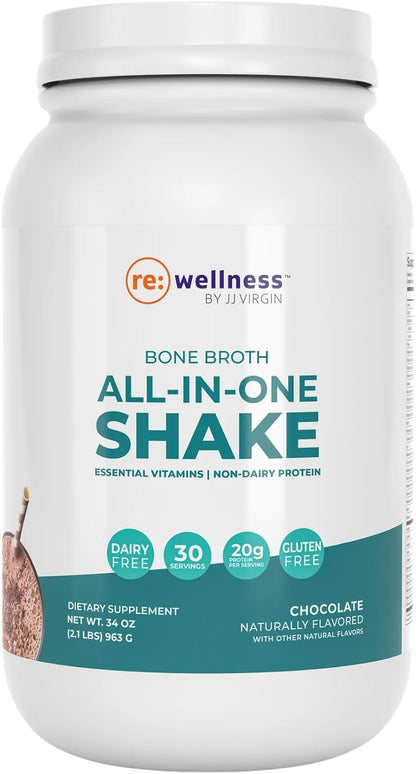 Reignite Wellness by JJ Virgin | Chocolate Bone Broth All-in-One Shake | Gluten Free + Dairy Free Protein Powder | Contains 20G of Beef Protein with Vitamins, Minerals, Amino Acids | 30 Servings
