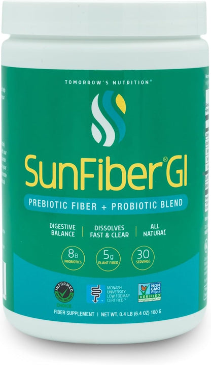 Tomorrow's Nutrition Sunfiber GI, Prebiotic Fiber & Probiotics, 5g Prebiotic Fiber & 8 Billion Probiotics Per Serving, Low FODMAP, 30-Day Supply, 30 Day
