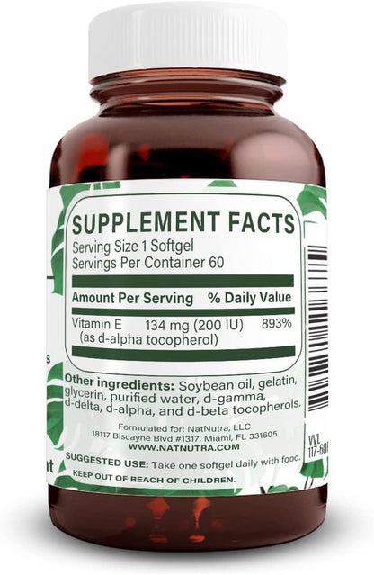 Natural Nutra Vitamin E 200 IU Supplement, 60 Softgels | Helps Heart Health & Protects Skin Texture, Enriches Health Nutrients, Enhances Hair & Nails Growth, Supports Body Fat Level