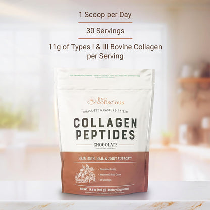 Live Conscious Collagen Peptides Powder - Naturally-Sourced Hydrolyzed Collagen Powder - Hair, Skin, Nail, and Joint Support - Type I & III Grass-Fed Collagen Supplements for Women and Men - 16oz