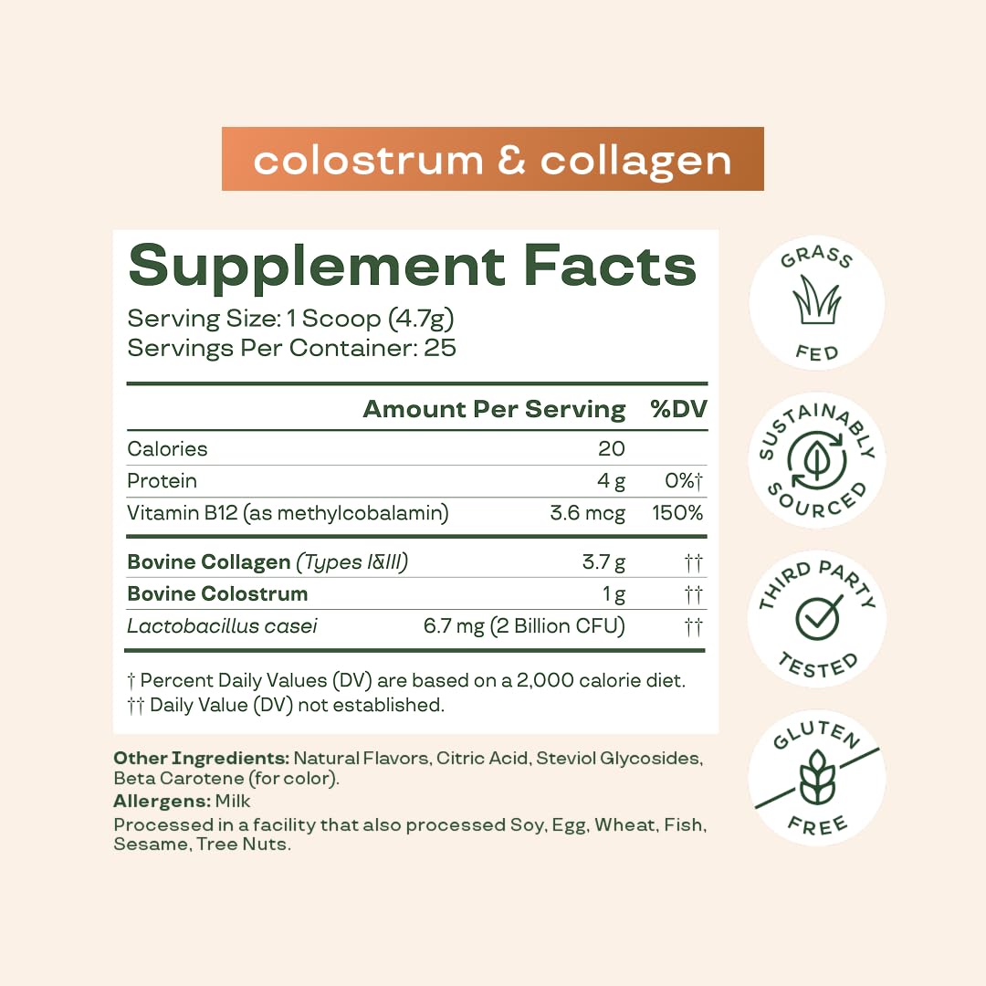 Bloom Nutrition Bovine Colostrum Powder, Strawberries & Cream, 25 Servings | Gut Health, Immune Support, Hair Growth & Beauty Supplement, Gluten Free, Sugar Free