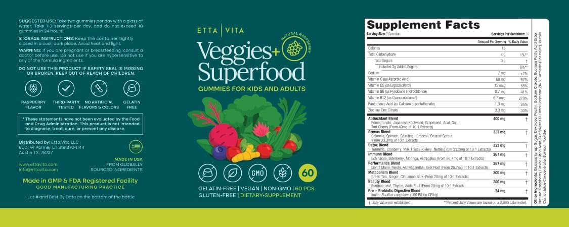 Fruits and Veggies Gummies with 9 Superfruits & 30 Veggies (120 Soft Chews) | Fruits and veggies supplement with vitamins & minerals, super greens gummies, non-GMO, pectin-based, gluten-free, USA
