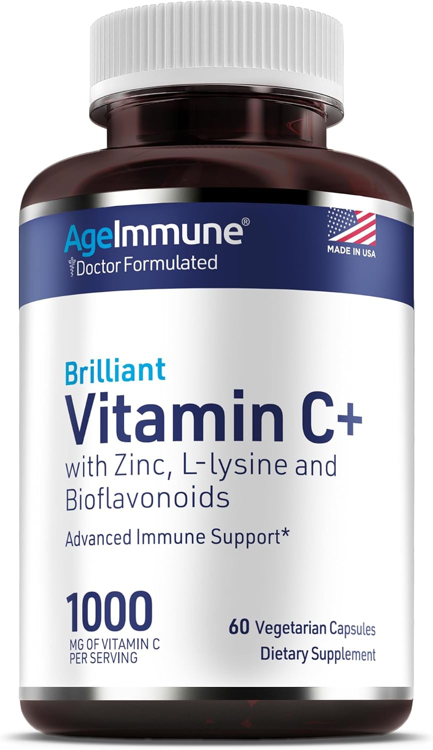 AgeImmune Vitamin C 1000mg Complex with L-Lysine 500mg, Zinc 12mg, Bioflavonoids 300mg. Doctor Formulated Magnesium Stearate Free Supplements for Healthy Immune System Support.(1)