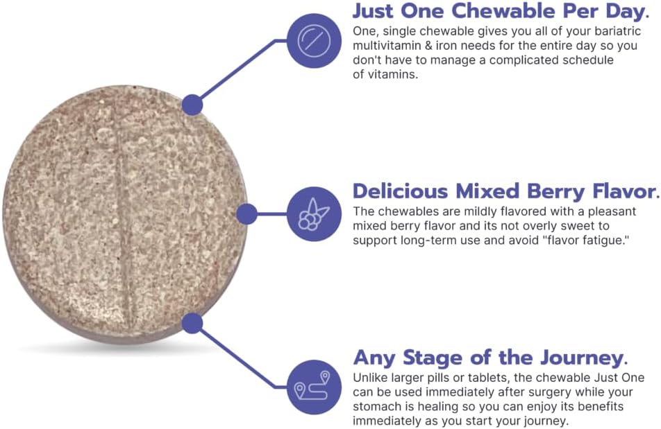 Bari Life Just One Chewable: Once Daily Bariatric Multivitamin + Iron and and BariBurst Calcium Citrate Soft Chews for Gastric Bypass, Gastric Sleeve and Duodenal Switch (Sour Grape)