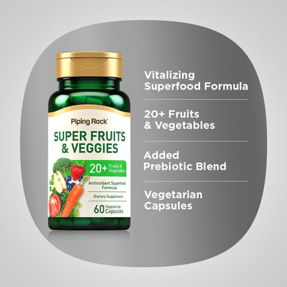 Piping Rock Fruits and Veggies Supplement | 60 Capsules | Superfood Vitamins | with Antioxidant Formula and Prebiotic Blend | Vegan, Non-GMO, Gluten Free