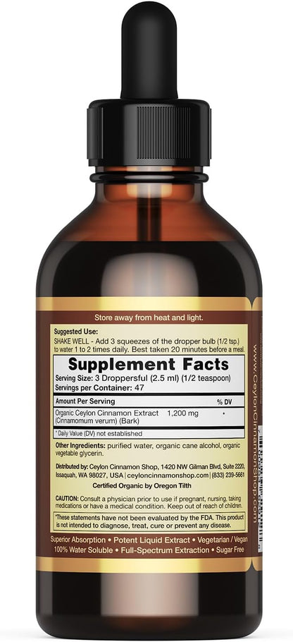 CinnaGold™ Organic Ceylon Cinnamon Liquid Extract Supplement - 4 oz | Superior Absorption & Bioavailability, USDA Certified Tincture, Non-GMO, Gluten Free, Sugar Free, Made in the USA (GMP)