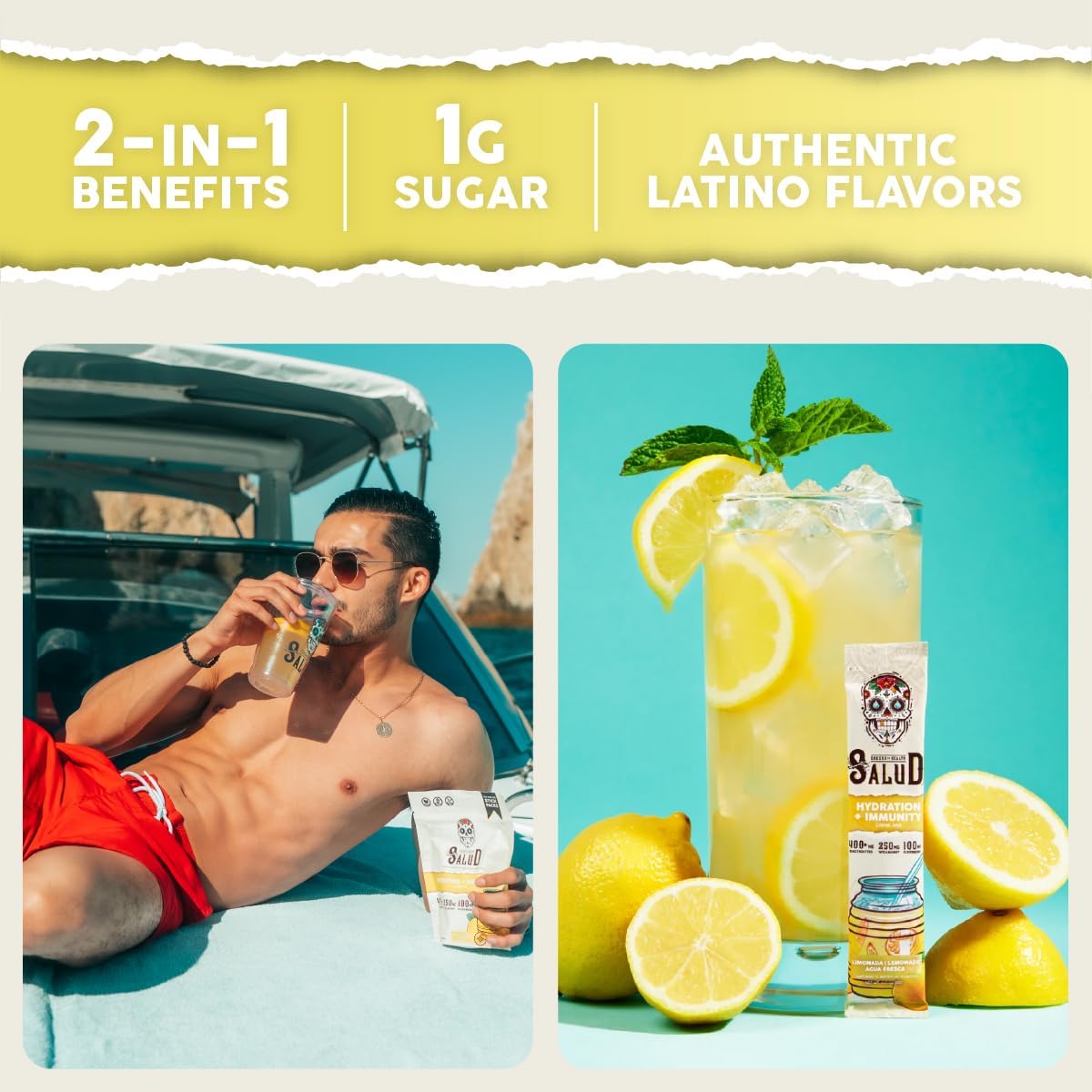 Salud 2-Pack | 2-in-1 Hydration + Immunity (Lemonade) & Energy + Focus (Cucumber Lime) – 15 Servings Each, Agua Fresca Drink Mix, Non-GMO, Gluten Free, Vegan, Low Calorie, 1g of Sugar