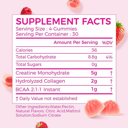 AiVital™ Creatine Gummies for Women, 5g Creatine Monohydrate Gummies +2g Collagen +1g BCAA, Women-Specific Formula, Sugar Free, 30 Servings, 120 Counts (Berry)