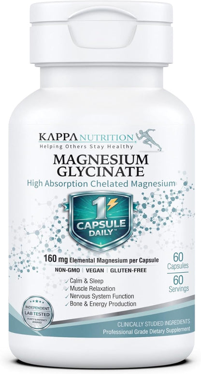 Kappa Nutrition, Magnesium Glycinate 60 Vegan Capsules, 160 mg Elemental | High-Absorption Chelated Magnesium | 1 Capsule Daily | Non-GMO, Vegan, Gluten-Free | Made in USA with Canadian Magnesium