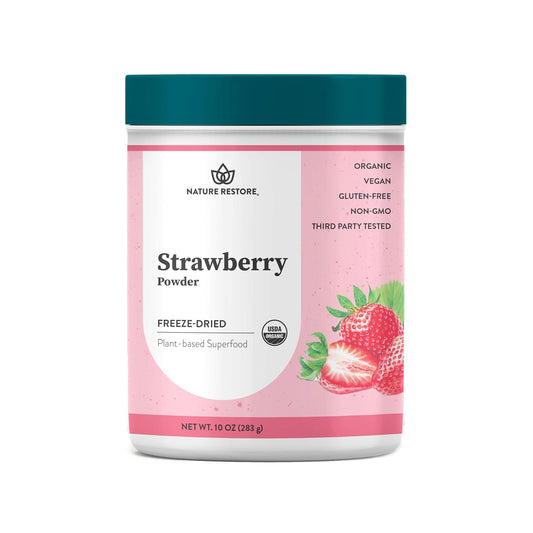 Supplement Product​Nature Restore Organic Strawberry Powder (10 oz). 100% Pure Freeze-Dried Berry for Baking, Smoothies & Oatmeal. Natural Pink Food Coloring & Frosting Flavor. Clean DIY Strawberry Milk Base with No Added Sugar - BunnyBitesUSA