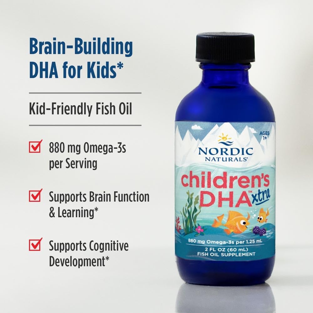 Nordic Naturals Children’s DHA Xtra, Berry Punch - 2 oz for Kids - 880 mg Total Omega-3s with EPA & DHA - Cognitive & Immune Function, Learning, Social Development - Non-GMO - 48 Servings | 880mg omega-3s with EPA & DHA per serving. Supports cognitive fun