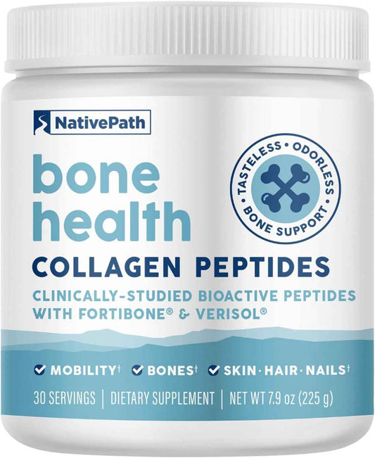 NativePath Bone Health Collagen Peptides, Type 1 & 3, with Fortibone and Verisol, 7.9 Ounce, 30 Servings | Verisol Bioactive Peptides, Supports Density, Strength, Elasticity, Hair & Skin, Unflavored, Type 1 & 3