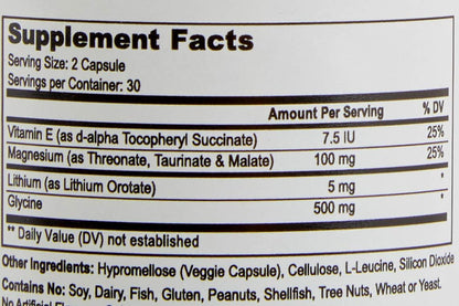 Lithium Orotate 5mg + Tri-Magnesium Threonate, Taurinate, Malate + Glycine + Vitamin E, 60 Vegetarian Capsules